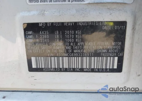 2011 Subaru Legacy 2.5I Premium z USA, uszkodzony, nr VIN 4S3BMCG69B3238911